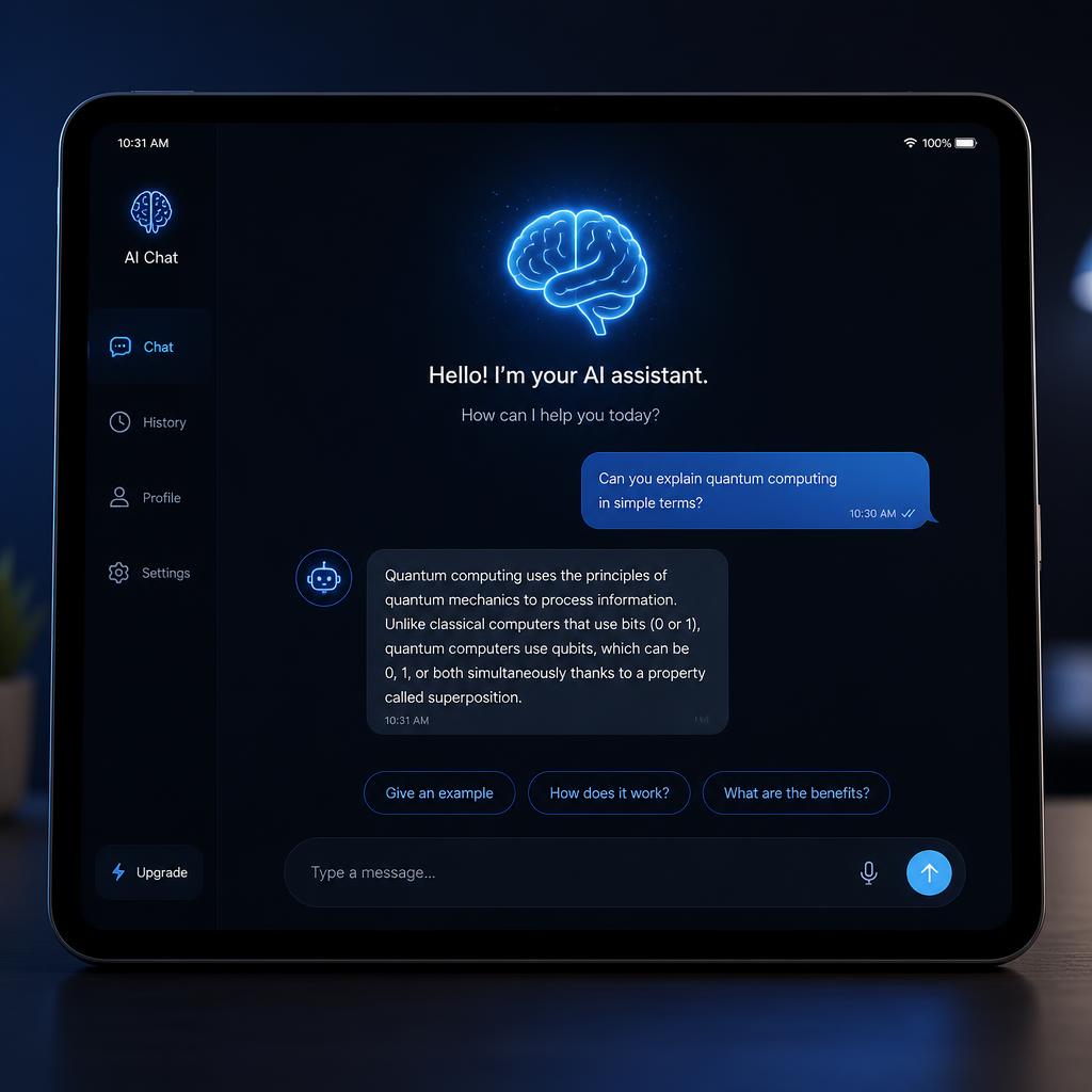 A modern minimalist chatbot interface on a tablet screen with floating message bubbles and a brain icon, blue glow, dark background