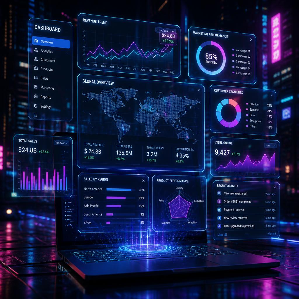 A futuristic data analytics dashboard with colorful holographic charts and graphs floating above a laptop screen, cyberpunk style