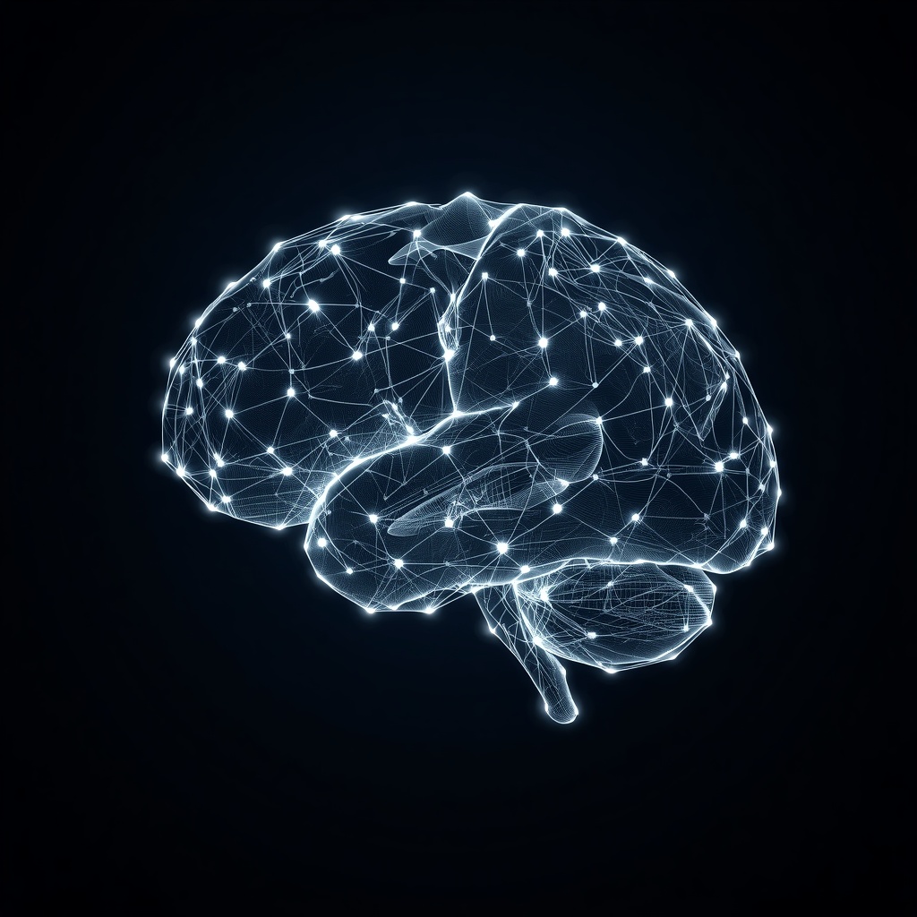 A glowing digital neural network with interconnected nodes forming a brain shape on a dark background, high-tech futuristic style