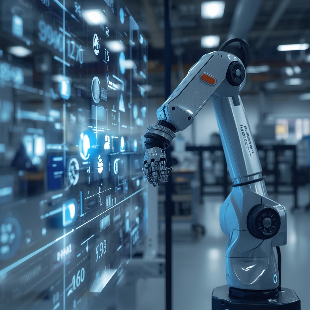 A robotic arm working alongside holographic data streams in a clean modern factory, symbolizing intelligent process automation